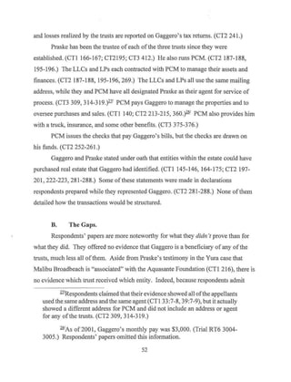 and losses realized by the trusts are reported on Gaggero's tax returns. (CT2 241.)
Praske has been the trustee of each of the three trusts since they were
established. (CTI 166-167; CT2195; CT3 4I2.) He also runs PCM. (CT2 187-188,
I95-196.) The LLCs and LPs each contracted with PCM to manage their assets and
finances. (CT2 187-188, 195-196, 269.) The LLCs and LPs all use the same mailing
address, while they and PCM have all designated Praske as their agent for service of
process. (CT3 309, 314-3 I9.)271
PCM pays Gaggero to manage the properties and to
oversee purchases and sales. (CTI 140; CT2 213-215, 360.)281
PCM also provides him
with a truck, insurance, and some other benefits. (CT3 375-376.)
PCM issues the checks that pay Gaggero's bills, but the checks are drawn on
his funds. (CT2 252-261.)
Gaggero and Praske stated under oath that entities within the estate could have
purchased real estate that Gaggero had identified. (CTI 145-146, 164-175; CT2 197-
201, 222-223, 281-288.) Some of these statements were made in declarations
respondents prepared while they represented Gaggero. (CT2 281-288.) None ofthem
detailed how the transactions would be structured.
B. The Gaps.
Respondents' papers are more noteworthy for what they didn 't prove than for
what they did. They offered no evidence that Gaggero is a beneficiary of any ofthe
trusts, much less all of them. Aside from Praske's testimony in the Yura case that
Malibu Broadbeach is "associated" with the Aquasante Foundation (CTI 216), there is
no evi<lence which lrust receivcd which enlity. Indeed, because respondents admit
271
Respondents claimed that their evidence showed all ofthe appellants
used the same address and the same agent (CTI 33:7-8, 39:7-9), but it actually
showed a different address for PCM and did not include an address or agent
for any ofthe trusts. (CT2 309, 314-319.)
281
As of200I, Gaggero's monthly pay was $3,000. (Trial RT6 3004-
3005.) Respondents' papers omitted this information.
52
 