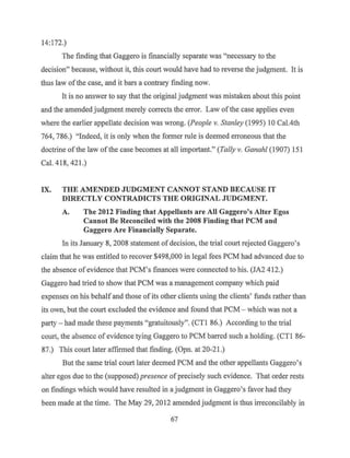 14:172.)
The finding that Gaggero is financially separate was "necessary to the
decision" because, without it, this court would have had to reverse the judgment. It is
thus law ofthe case, and it bars a contrary finding now.
It is no answer to say that the original judgment was mistaken about this point
and the amended judgment merely corrects the error. Law ofthe case applies even
where the earlier appellate decision was wrong. (People v. Stanley (1995) 10 Cal.4th
764, 786.) "Indeed, it is only when the former rule is deemed erroneous that the
doctrine ofthe law ofthe case becomes at all important." (Tally v. Ganahl (1907) 151
Cal. 418, 421.)
IX. THE AMENDED JUDGMENT CANNOT STAND BECAUSE IT
DIRECTLY CONTRADICTS THE ORIGINAL JUDGMENT.
A. The 2012 Finding that Appellants are All Gaggero's Alter Egos
Cannot Be Reconciled with the 2008 Finding that PCM and
Gaggero Are Financially Separate.
In its January 8, 2008 statement of decision, the trial court rejected Gaggero's
claim that he was entitled to recover $498,000 in legal fees PCM had advanced due to
the absence of evidence that PCM's finances were connected to his. (JA2 412.)
Gaggero had tried to show that PCM was a management company which paid
expenses on his behalf and those of its other clients using the clients' funds rather than
its own, but the court excluded the evidence and found that PCM - which was not a
party - had made these paJ'.ments "gratuitously". (CTI 86.) According to the trial
court, the absence of evidence tying Gaggero to PC:tv1 barred such a holding. (CTl 86-
87.) This court later affirmed that finding. (Opn. at 20-21.)
But the same trial court later deemed PCM and the other appellants Gaggero's
alter egos due to the (supposed) presence ofprecisely such evidence. That order rests
on findings which would have resulted in a judgment in Gaggero's favor had they
been made at the time. The May 29, 2012 amended judgment is thus irreconcilably in
67
 