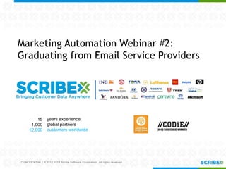 CONFIDENTIAL | © 2012-2013 Scribe Software Corporation. All rights reserved.
Marketing Automation Webinar #2:
Graduating from Email Service Providers
years experience
global partners
customers worldwide
15
1,000
12,000
 
