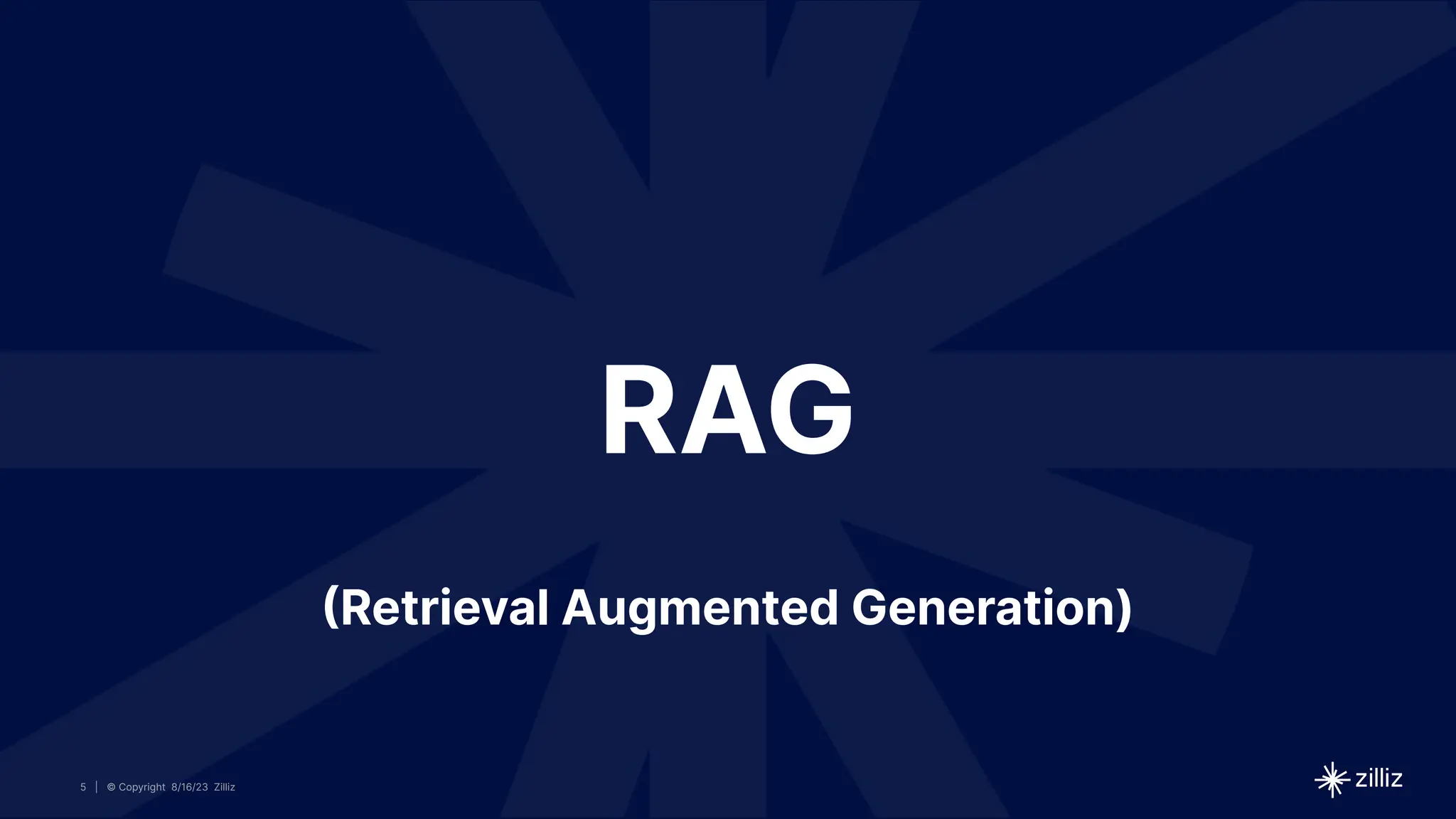 5 | © Copyright 8/16/23 Zilliz
5 | © Copyright 8/16/23 Zilliz
| © Copyright 8/16/23 Zilliz
5
RAG
(Retrieval Augmented Generation)
 