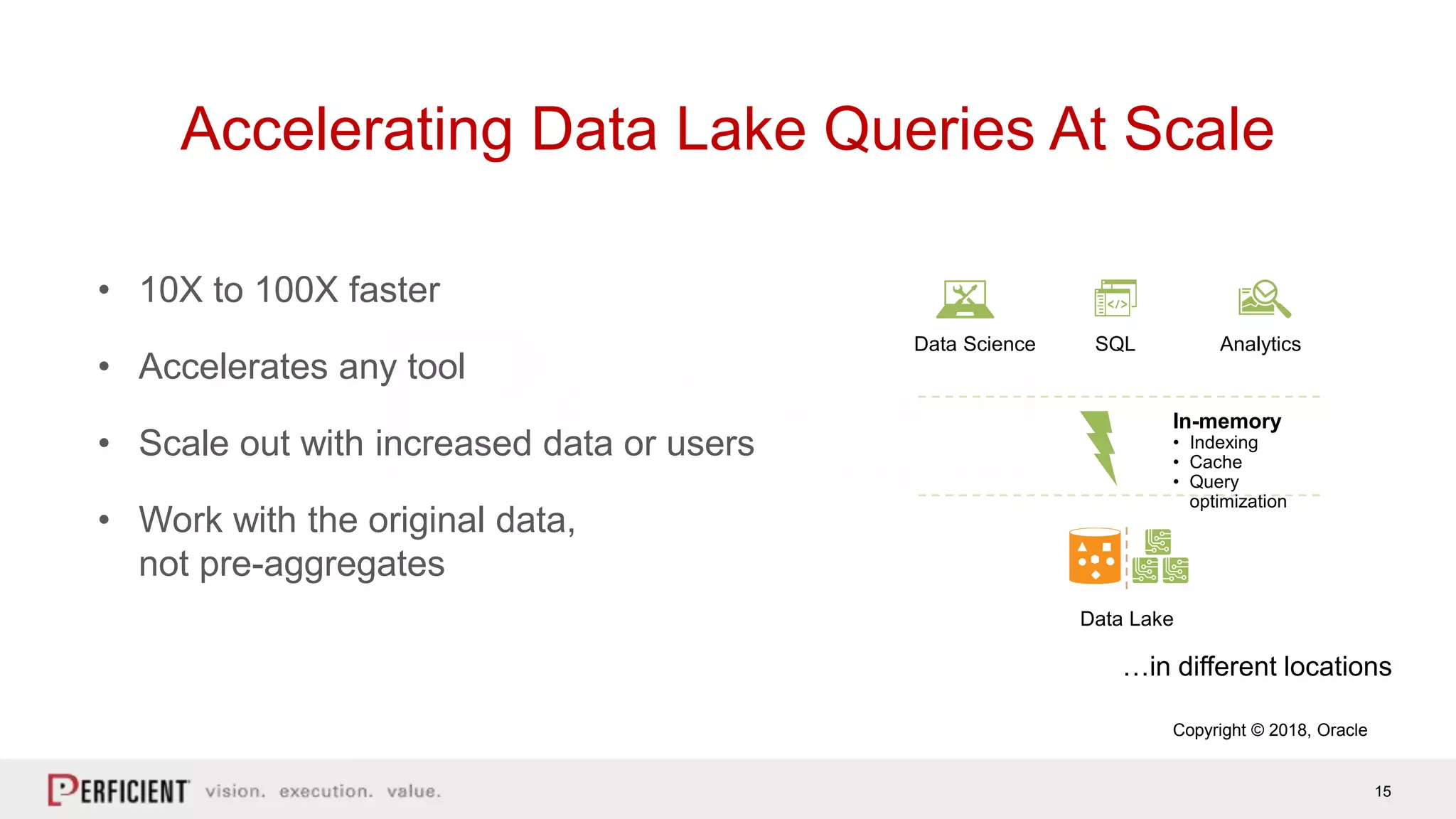 15
Accelerating Data Lake Queries At Scale
• 10X to 100X faster
• Accelerates any tool
• Scale out with increased data or users
• Work with the original data,
not pre-aggregates
Data Lake
…in different locations
Data Science SQL Analytics
In-memory
• Indexing
• Cache
• Query
optimization
Copyright © 2018, Oracle
 