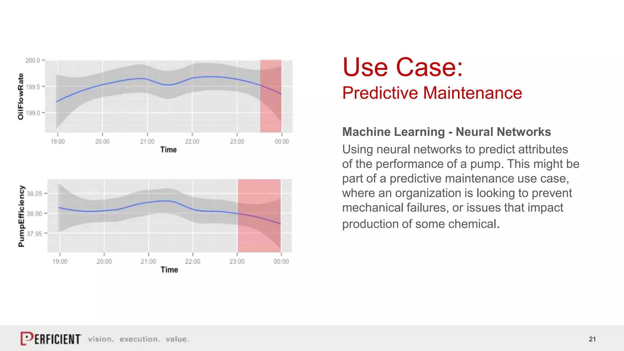 21
Use Case:
Predictive Maintenance
Machine Learning - Neural Networks
Using neural networks to predict attributes
of the performance of a pump. This might be
part of a predictive maintenance use case,
where an organization is looking to prevent
mechanical failures, or issues that impact
production of some chemical.
 