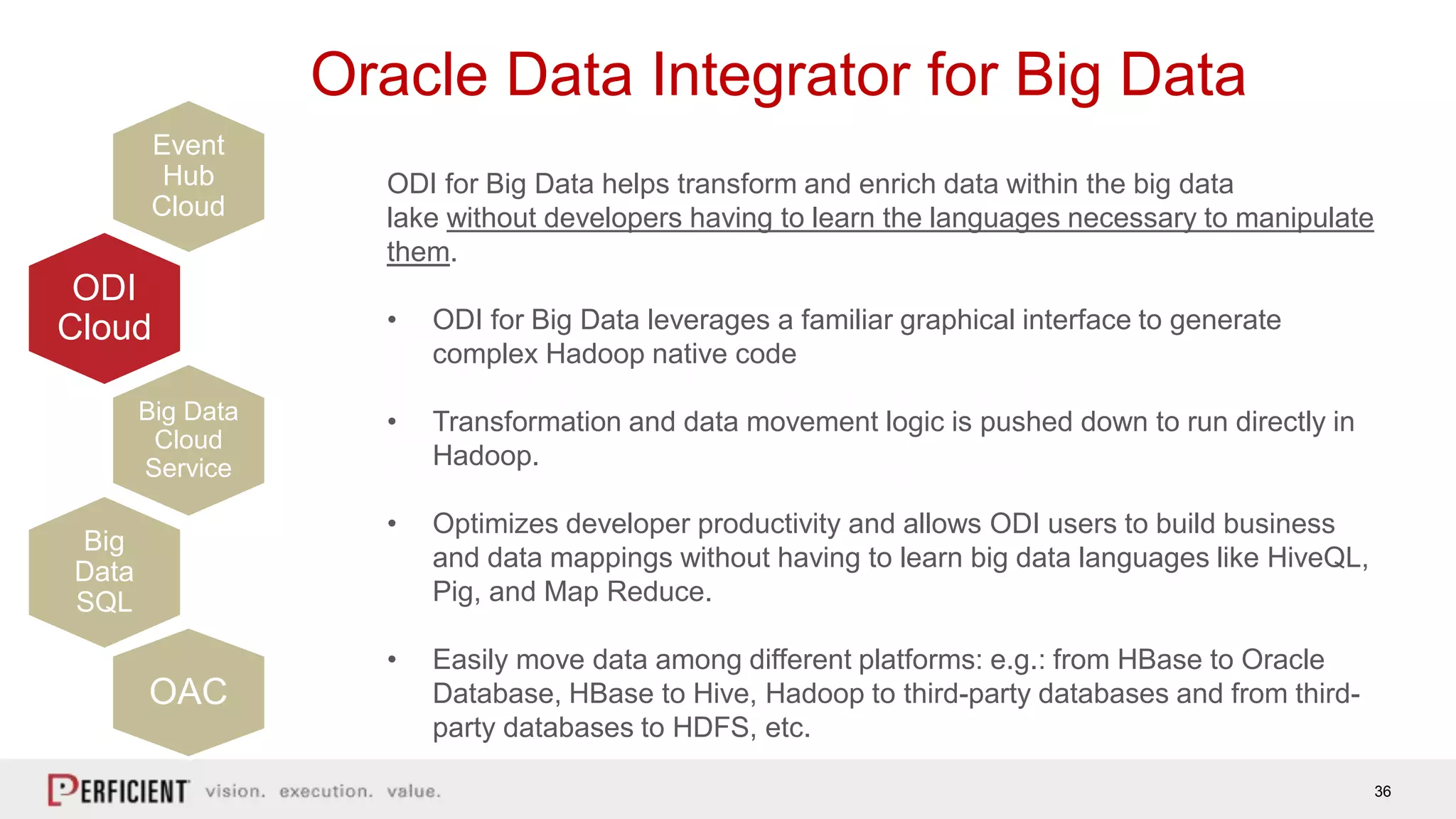 36
Oracle Data Integrator for Big Data
ODI for Big Data helps transform and enrich data within the big data
lake without developers having to learn the languages necessary to manipulate
them.
• ODI for Big Data leverages a familiar graphical interface to generate
complex Hadoop native code
• Transformation and data movement logic is pushed down to run directly in
Hadoop.
• Optimizes developer productivity and allows ODI users to build business
and data mappings without having to learn big data languages like HiveQL,
Pig, and Map Reduce.
• Easily move data among different platforms: e.g.: from HBase to Oracle
Database, HBase to Hive, Hadoop to third-party databases and from third-
party databases to HDFS, etc.
Event
Hub
Cloud
ODI
Cloud
Big Data
Cloud
Service
Big
Data
SQL
OAC
 