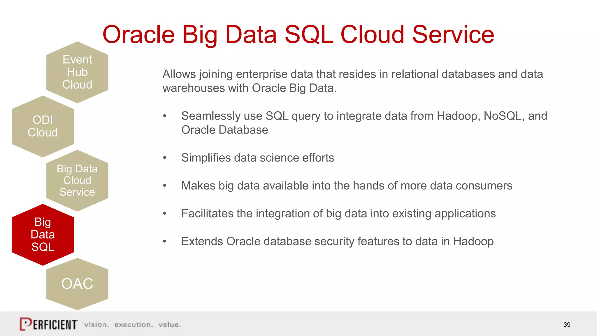 39
Oracle Big Data SQL Cloud Service
Allows joining enterprise data that resides in relational databases and data
warehouses with Oracle Big Data.
• Seamlessly use SQL query to integrate data from Hadoop, NoSQL, and
Oracle Database
• Simplifies data science efforts
• Makes big data available into the hands of more data consumers
• Facilitates the integration of big data into existing applications
• Extends Oracle database security features to data in Hadoop
Event
Hub
Cloud
ODI
Cloud
Big Data
Cloud
Service
Big
Data
SQL
OAC
 
