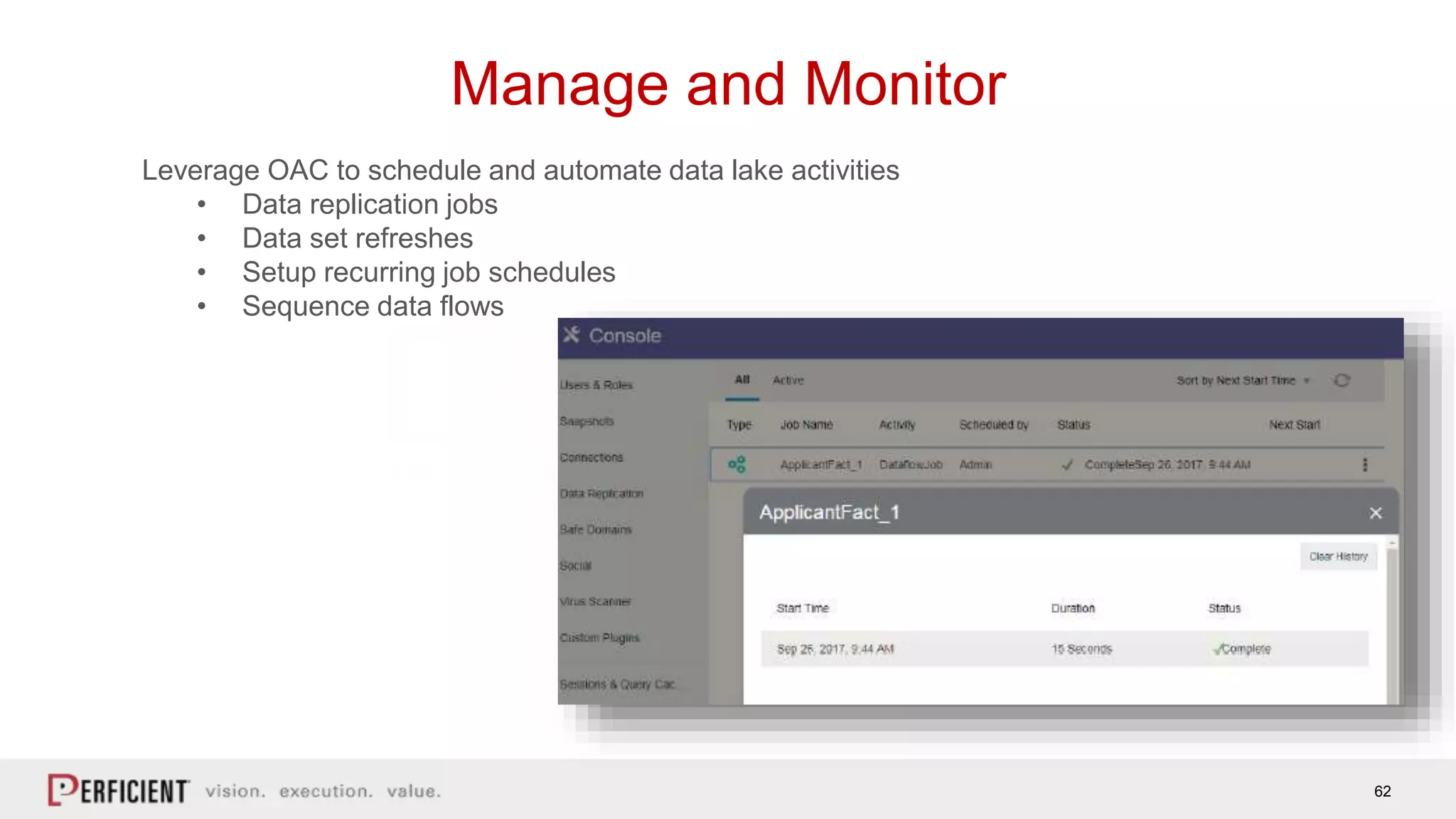 62
Manage and Monitor
Leverage OAC to schedule and automate data lake activities
• Data replication jobs
• Data set refreshes
• Setup recurring job schedules
• Sequence data flows
 