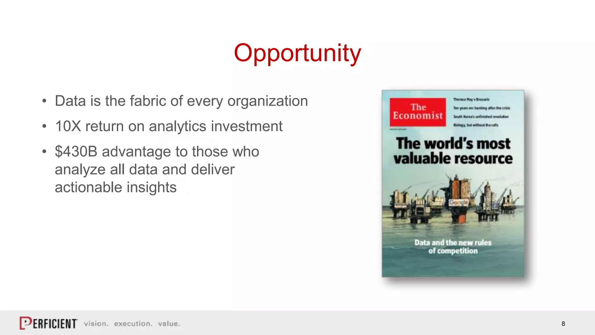 8
Opportunity is Well Known
• Data is the fabric of every organization
• 10X return on analytics investment
• $430B advantage to those who
analyze all data and deliver
actionable insights
Opportunity
 