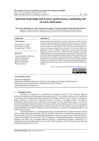 Spiritual leadership and lecturer performance: mediating role of work ...