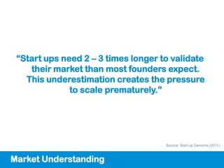 “Start ups need 2 – 3 times longer to validate
    their market than most founders expect.
   This underestimation creates the pressure
              to scale prematurely.”




                                     Source: Start up Genome (2011)



Market Understanding
 