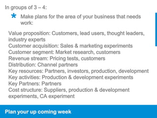 In groups of 3 – 4:

  *    Make plans for the area of your business that needs
       work:
 Value proposition: Customers, lead users, thought leaders,
 industry experts
 Customer acquisition: Sales & marketing experiments
 Customer segment: Market research, customers
 Revenue stream: Pricing tests, customers
 Distribution: Channel partners
 Key resources: Partners, investors, production, development
 Key activities: Production & development experiments
 Key Partners: Partners
 Cost structure: Suppliers, production & development
 experiments, CA experiment

Plan your up coming week
 