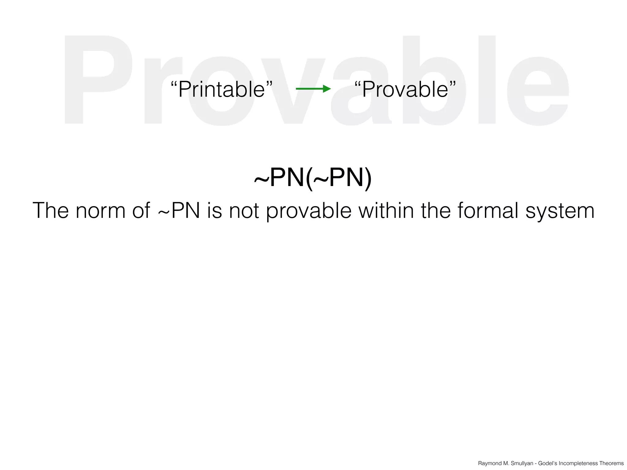 Raymond M. Smullyan - Godel's Incompleteness Theorems
Provable“Printable” “Provable”
~PN(~PN)
The norm of ~PN is not provable within the formal system
 