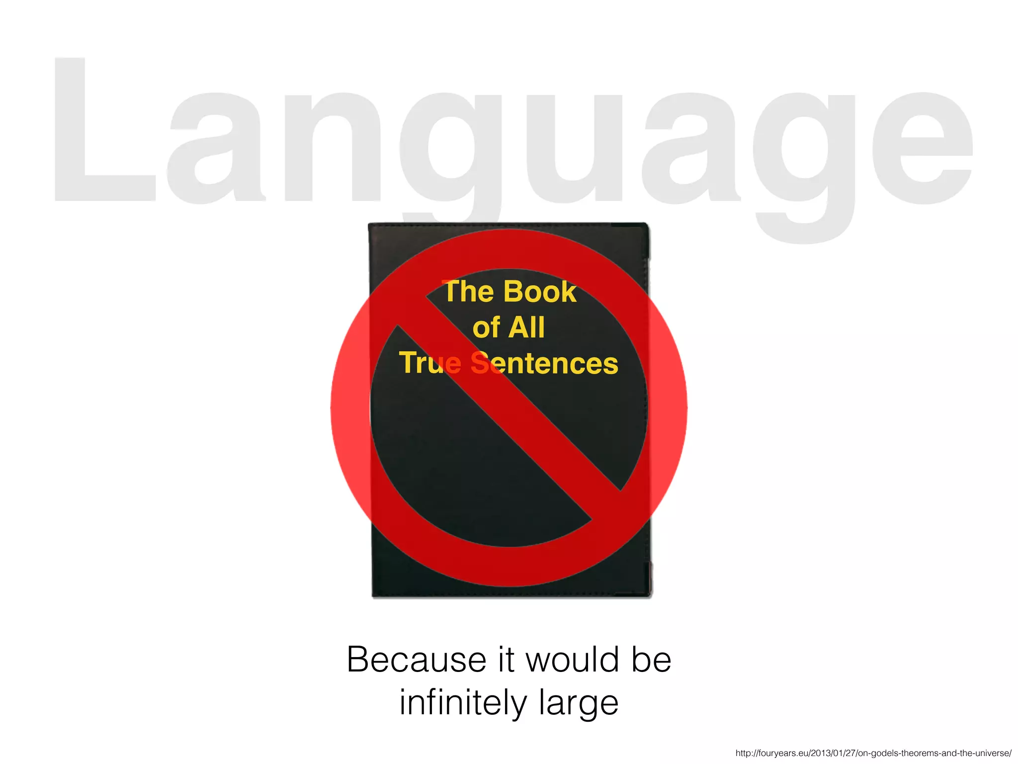 Language
Because it would be
inﬁnitely large
The Book
of All
True Sentences
http://fouryears.eu/2013/01/27/on-godels-theorems-and-the-universe/
 