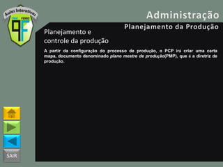 SAIR
Planejamento e
controle da produção
A partir da configuração do processo de produção, o PCP irá criar uma carta
mapa, documento denominado plano mestre de produção(PMP), que é a diretriz de
produção.
 