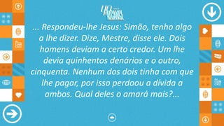 ... Respondeu-lhe Jesus: Simão, tenho algo
a lhe dizer. Dize, Mestre, disse ele. Dois
homens deviam a certo credor. Um lhe
devia quinhentos denários e o outro,
cinquenta. Nenhum dos dois tinha com que
lhe pagar, por isso perdoou a dívida a
ambos. Qual deles o amará mais?...
 