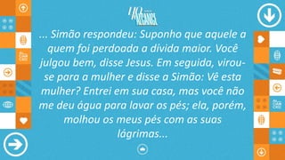 ... Simão respondeu: Suponho que aquele a
quem foi perdoada a dívida maior. Você
julgou bem, disse Jesus. Em seguida, virou-
se para a mulher e disse a Simão: Vê esta
mulher? Entrei em sua casa, mas você não
me deu água para lavar os pés; ela, porém,
molhou os meus pés com as suas
lágrimas...
 