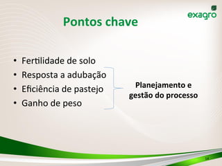 Pontos	
  chave	
  
•  FerIlidade	
  de	
  solo	
  
•  Resposta	
  a	
  adubação	
  
•  Eﬁciência	
  de	
  pastejo	
  
•  Ganho	
  de	
  peso	
  
14	
  
Planejamento	
  e	
  
gestão	
  do	
  processo	
  
 
