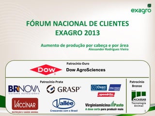 FÓRUM	
  NACIONAL	
  DE	
  CLIENTES	
  
EXAGRO	
  2013	
  
Aumento	
  de	
  produção	
  por	
  cabeça	
  e	
  por	
  área	
  
Alessander	
  Rodrigues	
  Vieira	
  
Patrocínio	
  Ouro	
  
Patrocínio	
  Prata	
   Patrocínio	
  
Bronze	
  
1	
  
 