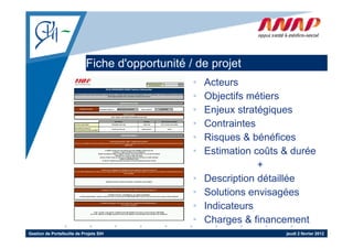 Fiche d'opportunité / de p j
                                      pp              projet
                                                  •   Acteurs
                                                  •   Objectifs métiers
                                                  •   Enjeux stratégiques
                                                  •   Contraintes
                                                  •   Risques & bénéfices
                                                  •   Estimation coûts & durée
                                                                  +
                                                  •   Description détaillée
                                                  •   Solutions envisagées
                                                  •   Indicateurs
                                                  •   Charges & financement
Gestion de Portefeuille de Projets SIH                                 jeudi 2 février 2012
 