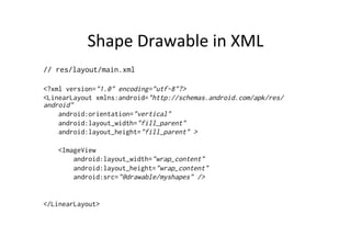Shape	
  Drawable	
  in	
  XML	
  
// res/layout/main.xml

<?xml version="1.0" encoding="utf-8"?>
<LinearLayout xmlns:android="http://schemas.android.com/apk/res/
android"
    android:orientation="vertical"
    android:layout_width="fill_parent"
    android:layout_height="fill_parent" >

    <ImageView
        android:layout_width="wrap_content"
        android:layout_height="wrap_content"
        android:src="@drawable/myshapes" />


</LinearLayout>
 