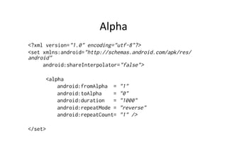 Alpha	
  
<?xml version="1.0" encoding="utf-8"?>
<set xmlns:android="http://schemas.android.com/apk/res/
android"
     android:shareInterpolator="false">

      <alpha
          android:fromAlpha =    "1"
          android:toAlpha    =   "0"
          android:duration   =   "1000"
          android:repeatMode =   "reverse"
          android:repeatCount=   "1" />

</set>
 