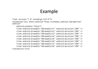 Example	
  
<?xml version="1.0" encoding="utf-8"?>
<animation-list xmlns:android="http://schemas.android.com/apk/res/
android"
    android:oneshot="false">
    <item android:drawable="@drawable/a1" android:duration="200" />
    <item android:drawable="@drawable/a2" android:duration="200" />
    <item android:drawable="@drawable/a3" android:duration="200" />
    <item android:drawable="@drawable/a4" android:duration="200" />
    <item android:drawable="@drawable/a5" android:duration="200" />
    <item android:drawable="@drawable/a6" android:duration="200" />
    <item android:drawable="@drawable/a7" android:duration="200" />
    <item android:drawable="@drawable/a8" android:duration="200" />
</animation-list>
 