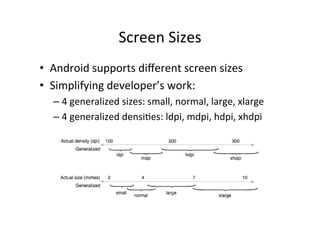 Screen	
  Sizes	
  
•  Android	
  supports	
  diﬀerent	
  screen	
  sizes	
  
•  Simplifying	
  developer’s	
  work:	
  
       –  4	
  generalized	
  sizes:	
  small,	
  normal,	
  large,	
  xlarge	
  
       –  4	
  generalized	
  densi-es:	
  ldpi,	
  mdpi,	
  hdpi,	
  xhdpi	
  
	
  
 