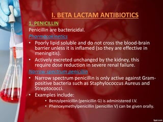 I. BETA LACTAM ANTIBIOTICS
1. PENICILLIN
Penicillin are bactericidal.
Pharmacokinetics
• Poorly lipid soluble and do not cross the blood-brain
barrier unless it is inflamed (so they are effective in
meningitis).
• Actively excreted unchanged by the kidney, this
require dose reduction in severe renal failure.
Narrow spectrum penicillin
• Narrow spectrum penicillin is only active against Gram-
positive bacteria such as Staphylococcus Aureus and
Streptococci.
• Examples include:
• Benzylpenicillin (penicillin G) is administered I.V.
• Phenoxymethylpenicillin (penicillin V) can be given orally.
 