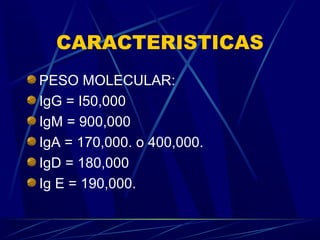 CARACTERISTICAS
PESO MOLECULAR:
IgG = I50,000
IgM = 900,000
IgA = 170,000. o 400,000.
IgD = 180,000
Ig E = 190,000.
 