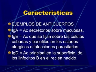 Caracteristicas
EJEMPLOS DE ANTICUERPOS
IgA = Ac secretorios sobre mucuosas.
IgE = Ac que se fijan sobre las celulas
cebadas y basofilos en los estados
alergicos e infecciones parasitarias.
IgD = Ac principal en la superficie de
los linfocitos B en el recien nacido
 