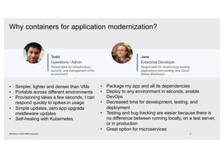 Todd
Operations / Admin
Responsible for infrastructure,
security, and management of the
environment.
Jane
Enterprise Developer
Responsible for modernizing existing
applications and creating new Cloud
Native Workloads.
• Simpler, lighter and denser than VMs
• Portable across different environments
• Provisioning takes a few seconds, I can
respond quickly to spikes in usage
• Simple updates, zero app upgrade
middleware updates
• Self-healing with Kubernetes
• Package my app and all its dependencies
• Deploy to any environment in seconds, enable
DevOps
• Decreased time for development, testing, and
deployment
• Testing and bug tracking are easier because there is
no difference between running locally, on a test server,
or in production
• Great option for microservices
Why containers for application modernization?
12IBM Cloud / © 2018 IBM Corporation
 