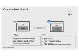 Containerized Monolith
16IBM Cloud / © 2018 IBM Corporation
tWAS
App
Liberty
App
Migration
• Containerized runtime and middleware
• As little application change as possible
• Keep integrations and data on-prem
• Self-service developer access
• Runs on cloud
• Small runtime/ Fast startup
• “Zero” future version migration
• Cloud portability
• Lower operational costs (higher runtime density)
What Why
Migrate
 
