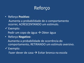 Reforço
• Reforço Positivo:
Aumenta a probabilidade de o comportamento
ocorrer, ACRESCENTANDO um estímulo.
 Exemplo:
Pedir um copo de água  Obter água
• Reforço Negativo:
Aumenta a probabilidade de ocorrência do
comportamento, RETIRANDO um estímulo aversivo.
 Exemplo:
Fazer dever de casa  Evitar bronca na escola
 