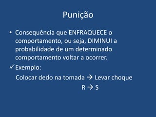 Punição
• Consequência que ENFRAQUECE o
comportamento, ou seja, DIMINUI a
probabilidade de um determinado
comportamento voltar a ocorrer.
Exemplo:
Colocar dedo na tomada  Levar choque
R  S
 