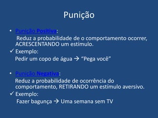 Punição
• Punição Positiva:
Reduz a probabilidade de o comportamento ocorrer,
ACRESCENTANDO um estímulo.
 Exemplo:
Pedir um copo de água  “Pega você”
• Punição Negativa:
Reduz a probabilidade de ocorrência do
comportamento, RETIRANDO um estímulo aversivo.
 Exemplo:
Fazer bagunça  Uma semana sem TV
 