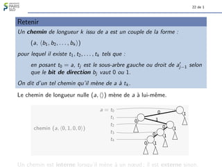 22 de 1
Retenir
Un chemin de longueur k issu de a est un couple de la forme :
(a, hb1, b2, . . . , bk i)
pour lequel il existe t1, t2, . . . , tk tels que :
en posant t0 = a, tj est le sous-arbre gauche ou droit de a0
j−1 selon
que le bit de direction bj vaut 0 ou 1.
On dit d’un tel chemin qu’il mène de a à tk .
Le chemin de longueur nulle (a, hi) mène de a à lui-même.
0 1
0 1
0 1
0 1
0 1
chemin (a, h0, 1, 0, 0i)
a = t0
t1
t2
t3
t4
Un chemin est interne lorsqu’il mène à un nœud ; il est externe sinon.
 