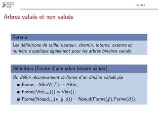 31 de 1
Arbres valués et non valués
Retenir
Les définitions de taille, hauteur, chemin, interne, externe et
numéro s’applique également pour les arbres binaires valués.
Définition (Forme d’une arbre binaire valués)
On défini récursivement la forme d’un binaire valués par
Forme : ABinV(T) → ABin ;
Forme(Videval ()) = Vide() ;
Forme(Noeudval (v, g, d)) = Noeud(Forme(g), Forme(d)).
 