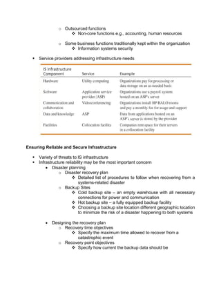 o Outsourced functions
 Non-core functions e.g., accounting, human resources
o Some business functions traditionally kept within the organization
 Information systems security
 Service providers addressing infrastructure needs
Ensuring Reliable and Secure Infrastructure
 Variety of threats to IS infrastructure
 Infrastructure reliability may be the most important concern
 Disaster planning
o Disaster recovery plan
 Detailed list of procedures to follow when recovering from a
systems-related disaster
o Backup Sites
 Cold backup site – an empty warehouse with all necessary
connections for power and communication
 Hot backup site – a fully equipped backup facility
 Choosing a backup site location different geographic location
to minimize the risk of a disaster happening to both systems
 Designing the recovery plan
o Recovery time objectives
 Specify the maximum time allowed to recover from a
catastrophic event
o Recovery point objectives
 Specify how current the backup data should be
 