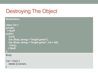 Destroying The Object
Declaration:
class Car {
private:
// Stuff
public:
Car();
Car (float, string = "bright green");
Car (float, string = "bright green", int = 20);
~Car();
// Stuff
};
Body:
Car::~Car() {
delete [] owners;
}
 