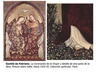 El estilo Internacional Gentile da Fabriano . La Coronación de la Virgen y detalle de otra parte de la obra. Pintura sobre tabla. Hacia 1422-25. Colección particular. París 