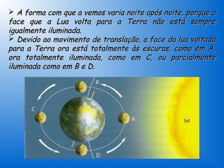  A forma com que a vemos varia noite após noite, porque a
face que a Lua volta para a Terra não está sempre
igualmente iluminada.
 Devido ao movimento de translação, a face da lua voltada
para a Terra ora está totalmente às escuras, como em A,
ora totalmente iluminada, como em C, ou parcialmente
iluminada como em B e D.
 