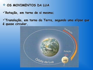  OS MOVIMENTOS DA LUA

Rotação, em torno de si mesma;

Translação, em torno da Terra, segundo uma elipse que
é quase circular.
 