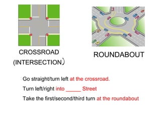CROSSROAD
(INTERSECTION)

ROUNDABOUT

Go straight/turn left at the crossroad.
Turn left/right into _____ Street
Take the first/second/third turn at the roundabout

 