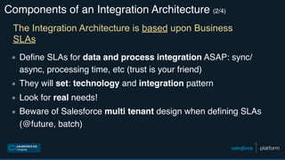 Components of an Integration Architecture (2/4)
▪ Define SLAs for data and process integration ASAP: sync/
async, processing time, etc (trust is your friend)
▪ They will set: technology and integration pattern
▪ Look for real needs!
▪ Beware of Salesforce multi tenant design when defining SLAs
(@future, batch)
The Integration Architecture is based upon Business
SLAs
 