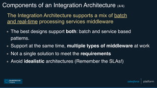 Components of an Integration Architecture (4/4)
▪ The best designs support both: batch and service based
patterns.
▪ Support at the same time, multiple types of middleware at work
▪ Not a single solution to meet the requirements
▪ Avoid idealistic architectures (Remember the SLAs!)
The Integration Architecture supports a mix of batch
and real-time processing services middleware
 
