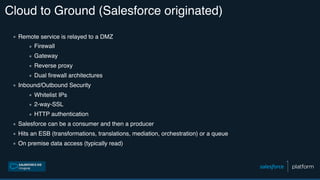 Cloud to Ground (Salesforce originated)
▪ Remote service is relayed to a DMZ
▪ Firewall
▪ Gateway
▪ Reverse proxy
▪ Dual firewall architectures
▪ Inbound/Outbound Security
▪ Whitelist IPs
▪ 2-way-SSL
▪ HTTP authentication
▪ Salesforce can be a consumer and then a producer
▪ Hits an ESB (transformations, translations, mediation, orchestration) or a queue
▪ On premise data access (typically read)
 