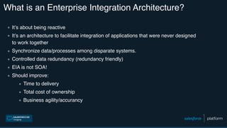 What is an Enterprise Integration Architecture?
▪ It’s about being reactive
▪ It’s an architecture to facilitate integration of applications that were never designed
to work together
▪ Synchronize data/processes among disparate systems.
▪ Controlled data redundancy (redundancy friendly)
▪ EIA is not SOA!
▪ Should improve:
▪ Time to delivery
▪ Total cost of ownership
▪ Business agility/accurancy
 
