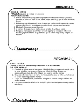 EDAD: 2 – 3 AÑOS
TITULO: se seca las manos sin ayuda cuando se le da una toalla.
QUE DEBE HACERSE:
1. Enséñele al niño a secarse las manos, dándole instrucciones y mostrándole cómo
se seca usted las manos suyas. Haga que él la imite. Haga de esto una
responsabilidad diaria del niño. Elógielo por secarse bien las manos.
2. Séquese usted las manos al mismo tiempo que se las seca el niño. Anímelo a que
se seque toda el agua de las manos.
3. Tenga una toalla especial para el niño. Póngale su nombre o haga una cara de
animal en ella.
4. Coloque un toallero al alcance del niño para que pueda escoger la toalla y colgarla
por sí solo.
EDAD: 2 – 3 AÑOS
TITULO: Excava en la comida con tenedor.
QUE DEBE HACERSE:
1. Déle al niño comida que puedan cogerse fácilmente con el tenedor (pedazos
grandes de verduras semi -duras, carne, trozos de fruta) y que le sean atractivas
al niño.
2. Pídale que use el tenedor al comer. Ponga una cuchara en la mesa sólo cuando
sirve en plato hondo, o quizás para que termine la comida por si se cansa.
3. Elogie al niño por comer con tenedor.
4. A manera de juego mueva frijoles con el tenedor de un tazón a otro.
5. Ponga su mano sobre la del niño y ayúdelo a poner la comida en el tenedor.
Disminuya gradualmente la ayuda hasta que el niño lo haga solo y elógielo por
hacerlo.
 