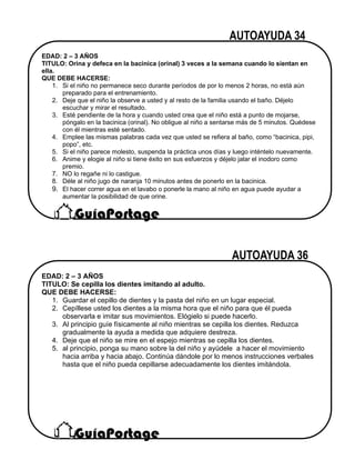 EDAD: 2 – 3 AÑOS
TITULO: Se cepilla los dientes imitando al adulto.
QUE DEBE HACERSE:
1. Guardar el cepillo de dientes y la pasta del niño en un lugar especial.
2. Cepíllese usted los dientes a la misma hora que el niño para que él pueda
observarla e imitar sus movimientos. Elógielo si puede hacerlo.
3. Al principio guíe físicamente al niño mientras se cepilla los dientes. Reduzca
gradualmente la ayuda a medida que adquiere destreza.
4. Deje que el niño se mire en el espejo mientras se cepilla los dientes.
5. al principio, ponga su mano sobre la del niño y ayúdele a hacer el movimiento
hacia arriba y hacia abajo. Continúa dándole por lo menos instrucciones verbales
hasta que el niño pueda cepillarse adecuadamente los dientes imitándola.
EDAD: 2 – 3 AÑOS
TITULO: Orina y defeca en la bacinica (orinal) 3 veces a la semana cuando lo sientan en
ella.
QUE DEBE HACERSE:
1. Si el niño no permanece seco durante períodos de por lo menos 2 horas, no está aún
preparado para el entrenamiento.
2. Deje que el niño la observe a usted y al resto de la familia usando el baño. Déjelo
escuchar y mirar el resultado.
3. Esté pendiente de la hora y cuando usted crea que el niño está a punto de mojarse,
póngalo en la bacinica (orinal). No obligue al niño a sentarse más de 5 minutos. Quédese
con él mientras esté sentado.
4. Emplee las mismas palabras cada vez que usted se refiera al baño, como “bacinica, pipi,
popo”, etc.
5. Si el niño parece molesto, suspenda la práctica unos días y luego inténtelo nuevamente.
6. Anime y elogie al niño si tiene éxito en sus esfuerzos y déjelo jalar el inodoro como
premio.
7. NO lo regañe ni lo castigue.
8. Déle al niño jugo de naranja 10 minutos antes de ponerlo en la bacinica.
9. El hacer correr agua en el lavabo o ponerle la mano al niño en agua puede ayudar a
aumentar la posibilidad de que orine.
 