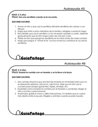 EDAD: 2-3 años
TÍTULO: Usa una servilleta cuando se le recuerda.
QUE DEBE HACERSE:
1. Anime al niño a que use la servilleta dándole servilletas de colores y con
dibujos.
2. Haga que imite a otros miembros de la familia y elógielo cuando lo haga.
3. Recuérdele que use la servilleta y si es necesario ayúdelo a usarla, dejando
gradualmente que el niño haga cada vez más por sí solo.
4. Pídale al niño que ponga las servilletas en la mesa antes de cada comida.
5. Haga que juegue a “tomar el té” con las muñecas y enfatice el uso de las
servilletas.
EDAD: 2-3 años
TÍTULO: Ensarta la comida con un tenedor y se la lleva a la boca.
QUE DEBE HACERSE:
1. Use comida atractiva que sea fácil de ensartar en el tenedor pero que no
se desbarate (plátano, bizcocho, salchicha). Deje que el niño use la
cuchara para arvejas (guisantes), frijoles, lentejas, etc.
2. Muéstrele cómo ensartar la comida con el tenedor y comérsela. Elogie al
niño si la imita correctamente.
3. Al principio guíele la mano y déle indicaciones. A medida que se vuelva
más diestro retire la ayuda. Elógielo y anímelo cuando pueda hacerlo.
 