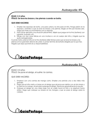 EDAD: 2-3 años
TÍTULO: Se lava los brazos y las piernas cuando se baña.
QUE DEBE HACERSE:
1. Emplee dos esponjas de baño, una para usted y la otra para el niño. Ponga jabón en la
esponja y anímelo a que se lave los brazos y las piernas. Elogie al niño por lavarse solo.
Haga que imite sus movimientos con su esponja.
2. Para hacer del baño una situación placentera, déjelo que juegue en la tina (bañera) con
juguetes, burbujas, etc.
3. Dibuje con tiza caras felices en una muñeca o en el cuerpo del niño y hágalo que las
quite restregándolas.
Cuando meta usted al niño en la tina (bañera) déle tiempo para que se lave los brazos y las
piernas sin la supervisión directa de usted. Cuando termine de bañarlo elógielo por lo que hizo.
Hágalo que sepa que ésta es su responsabilidad.
EDAD: 2-3 años
TÍTULO: Se pone el abrigo, el suéter, la camisa.
QUE DEBE HACERSE:
1. Empiece con una camisa de manga corta. Emplee una prenda una o dos tallas más
grandes.
2. Haga que el niño meta un brazo en el abrigo que alcance por detrás con el otro brazo y
lo meta en la manga. Al principio sostenga el abrigo. Disminuya gradualmente la ayuda.
3. Coloque el abrigo en una mesa baja con el cuello hacia el niño y la abertura hacia
arriba. Haga que coloque sus brazos en las mangas y que se pase el abrigo sobre la
cabeza.
 