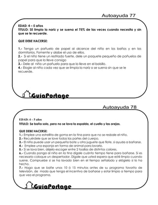 EDAD: 4 – 5 años
TITULO: SE limpia la nariz y se suena el 75% de las veces cuando necesita y sin
que se le recuerde.
QUE DEBE HACERSE:
1.- Tenga un pañuelo de papel al alcance del niño en los baños y en los
dormitorios. Fomente y alabe el uso de ellos.
2.- Si el niño tiene un resfriado fuerte, dele un paquete pequeño de pañuelos de
papel para que lo lleve consigo
3.- Dele al niño un pañuelo para que lo lleve en el bolsillo.
4.- Elogie al niño cada vez que se limpia la nariz o se suena sin que se le
recuerde.
EDAD: 4 – 5 años
TITULO: Se baña solo, pero no se lava la espalda, el cuello y las orejas.
QUE DEBE HACERSE:
1.- Emplee una estrellita de goma en la tina para que no se resbale el niño.
2.- Recuérdele que se lave todas las partes del cuerpo.
3.- El niño puede usar un pequeño bote u otro juguete que flote, si ayuda a bañarse.
4.- Emplee una esponja en forma de animal para lavarlo.
5.- Si se lava bien, déjelo escoger entre 2 toallas de distintos colores.
6.- Cuando ponga al niño en la tina dígale cuánto tiempo tiene para bañarse. Si es
necesario coloque un despertador. Dígale que usted espera que esté limpio cuando
suene. Compruebe si se ha lavado bien en el tiempo señalado y elógielo si lo ha
hecho.
7.- Haga que se bañe unos 10 ó 15 minutos antes de su programa favorito de
televisión, de modo que tenga el incentivo de bañarse y estar limpio a tiempo para
que vea el programa.
 